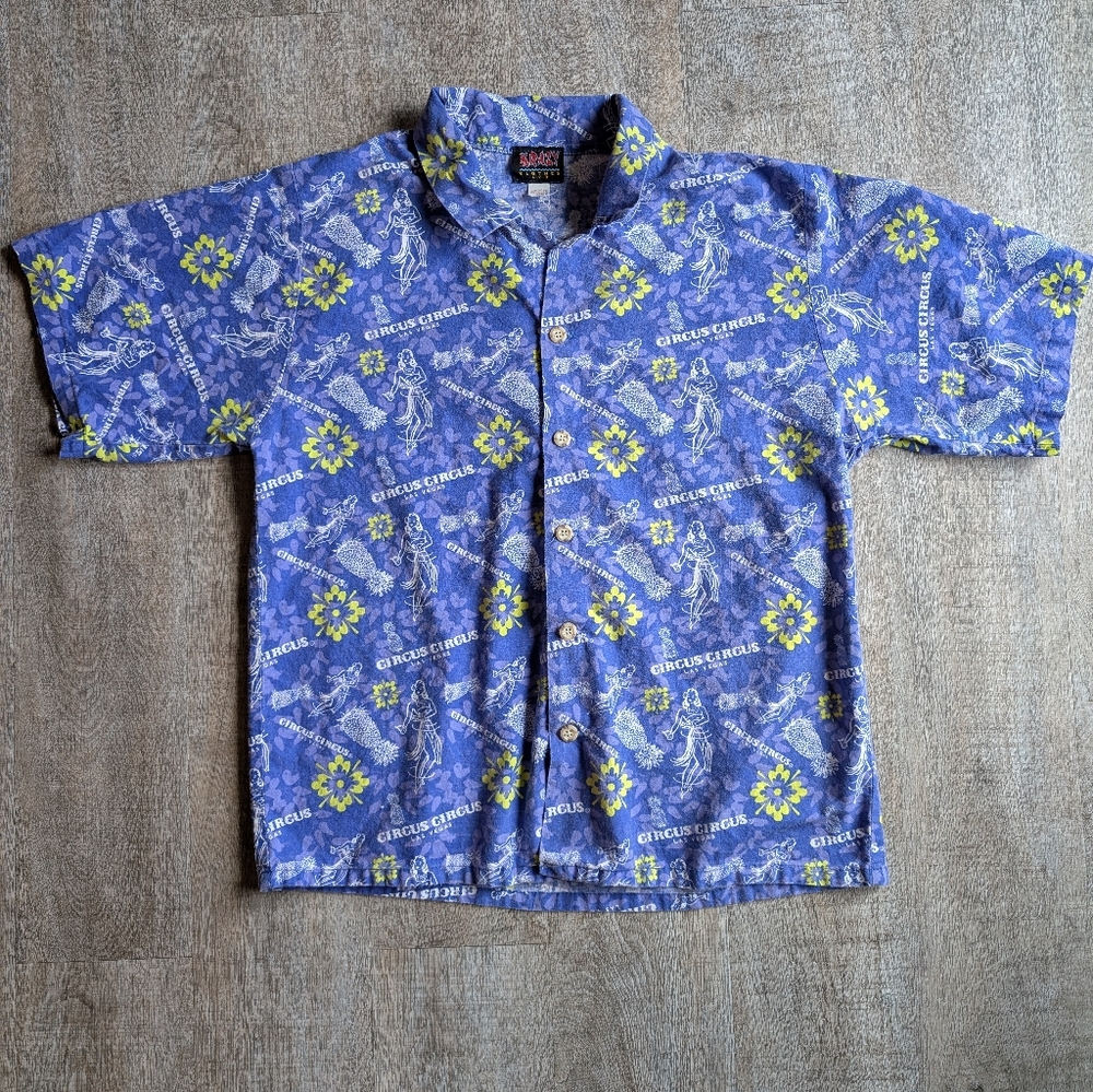 Vintage Las Vegas Circus Circus 90's Hawaiian tiki hula girl button down S/M